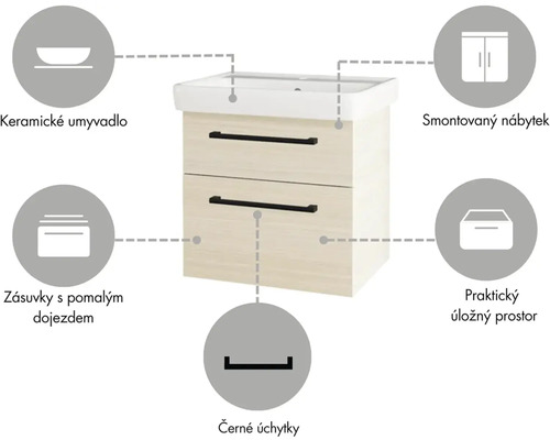 Skříňka pod umyvadlo se dvěma zásuvkami, keramickým umyvadlem a černými úchyty