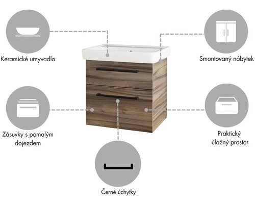 Skříňka pod umyvadlo s keramickým umyvadlem, zásuvkami a černými úchyty