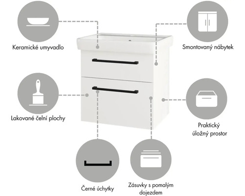 Skříňka pod umyvadlo s keramickým umyvadlem a dvěma zásuvkami