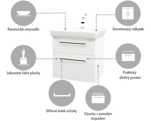 Umyvadlová skříňka s keramickým umyvadlem, lakovanými čelními plochami, stříbrnými lesklými úchytkami a zásuvkami s pomalým dojezdem