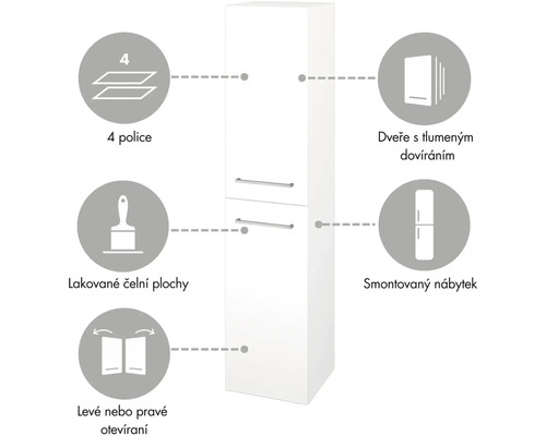 Vysoká skříňka se čtyřmi policemi, lakovaným povrchem, dveřmi s tichým dovíráním a volitelným dorazem dveří