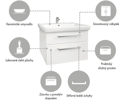 Skříňka pod umyvadlo s keramickým umyvadlem, lakovanými čelními plochami, zásuvkami s tichým dojezdem a stříbrnými úchyty.