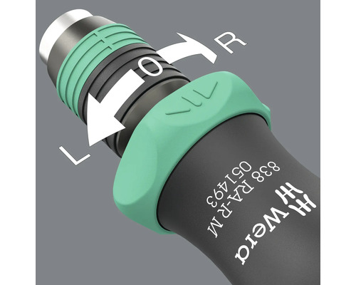 Detailní pohled na přepínací páčku šroubováku Wera s nápisy vlevo, vypnuto a vpravo