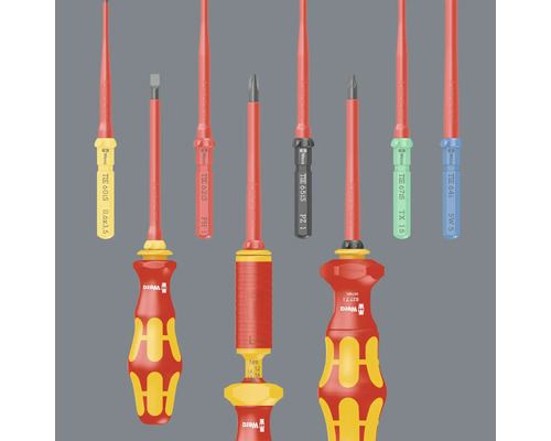 Různé izolované šroubováky Wera pro elektroinstalační práce