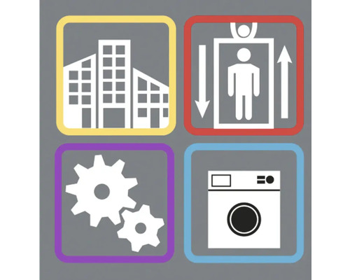 Symbolické obrázky pro budovu, výtah, převodovku a pračku