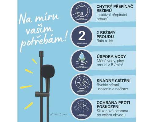 Sprchový systém Grohe s funkcí úspory vody, dva druhy proudu, funkce proti usazování vodního kamene a ochrana proti poškození