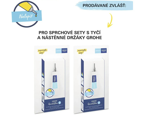 Lepicí sada Grohe QuickGlue pro sprchové produkty, včetně alkoholového ubrousku a montážní šablony pro sprchovou tyč