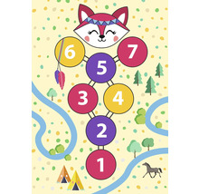 Ilustrace skákacího panáka s čísly a tváří lišky