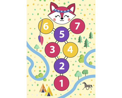 Ilustrace skákacího panáka s čísly a tváří lišky