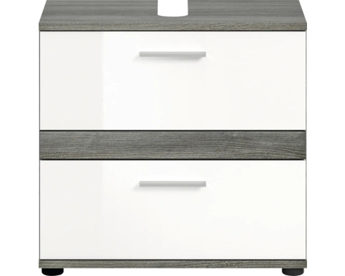 Skříňka pod umyvadlo se dvěma zásuvkami a vzhledem dřeva