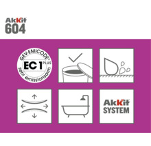 Informace o produktu Akkit 604 s pečetí GEV Emicode EC 1 Plus, vhodné do vlhkého prostředí a zobrazuje roztažnost