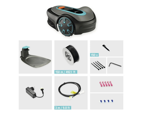 Robotická sekačka Gardena s nabíjecí stanicí, ohraničujícím kabelem, kolíky, kabelovými konektory, připojovacími svorkami, šrouby a imbusovým klíčem