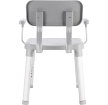 Pohled zezadu na sprchovou židli s područkami a výškově nastavitelnými nohami.