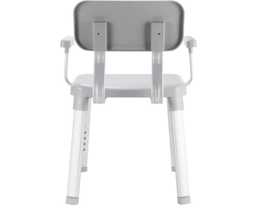 Pohled zezadu na sprchovou židli s područkami a výškově nastavitelnými nohami.