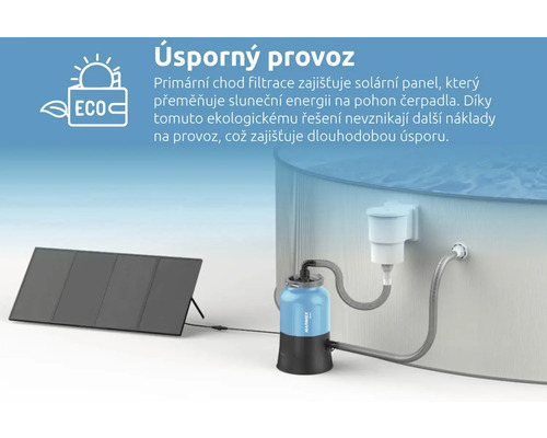 Solární panel pro filtrační systém bazénu vedle bazénu
