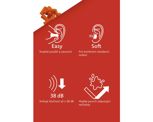 Vlastnosti produktu: špunty do uší se snadno používají a zasouvají, jsou měkké, snižují hlučnost až o 38 decibelů, hladký povrch odpuzuje nečistoty