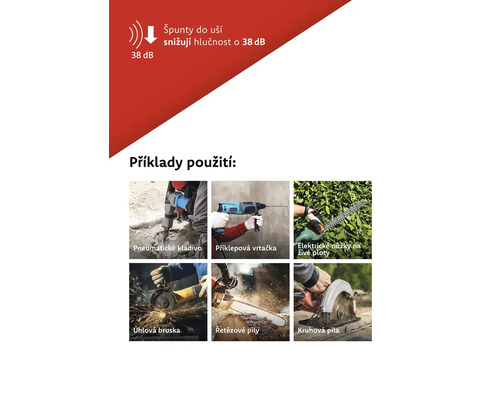 Špunty do uší snižují hlučnost o 38 decibelů. Příklady použití: Pneumatické kladivo, příklepová vrtačka, elektrické nůžky na živý plot, úhlová bruska, řetězové pily, kruhová pila