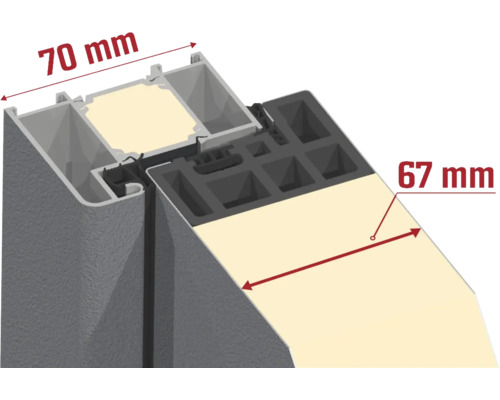 Průřez okenního rámu s rozměry 70 mm a 67 mm