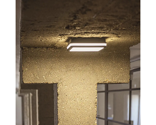 Čtvercové stropní svítidlo namontované na betonovém stropě.