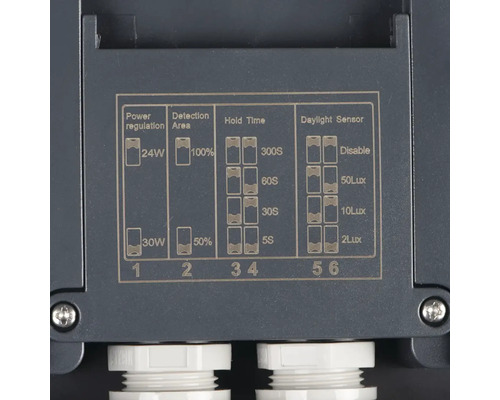 Nastavení výkonu, detekční oblasti, doby podržení a senzoru denního světla