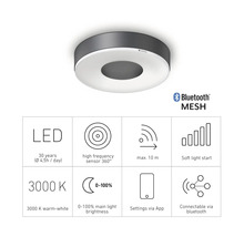 Stropní LED svítidlo Steinel s Bluetooth Mesh a detaily produktu, jako je životnost, senzor, dosah, měkký start, teplota barev, jas, ovládání aplikací a připojení Bluetooth