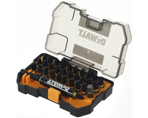 Sada bitů DeWalt Logo s různými šroubovacími bity a držákem bitů v otevřené plastové krabičce