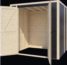 Otevřená dřevěná kůlna na nářadí s dvoukřídlými dveřmi