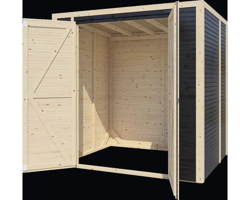 Otevřená dřevěná kůlna na nářadí s dvoukřídlými dveřmi