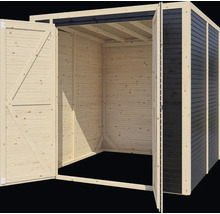 Otevřená dřevěná zahradní bouda s dvoukřídlými dveřmi.