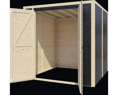 Otevřená dřevěná zahradní bouda s dvoukřídlými dveřmi.