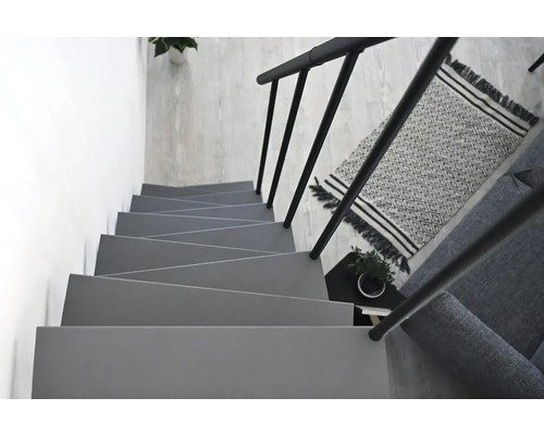 Šedé schodiště s černým zábradlím, koberec a rostlina pro moderní interiér