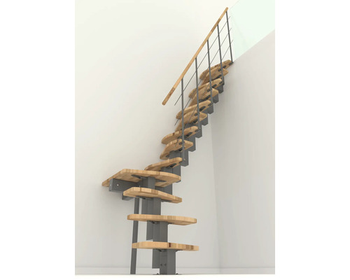 Prostorově úsporné schodiště s dřevěnými stupni a kovovým zábradlím