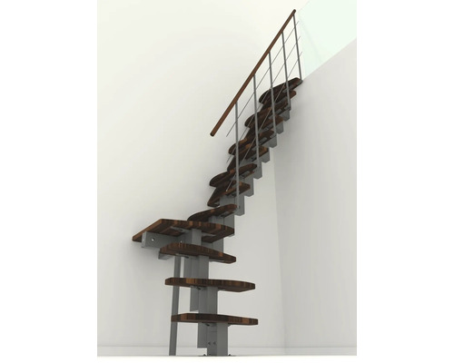 Pokojový pohled na schodiště s ocelovým zábradlím a dřevěnými stupni.