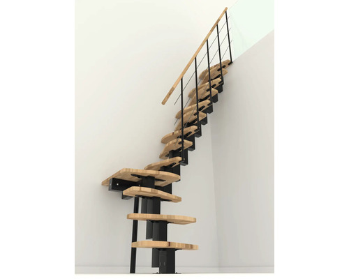 Samonosné schodiště s dřevěnými stupni a černým zábradlím