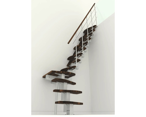 Samonosné schodiště s dřevěnými stupni a zábradlím u zdi