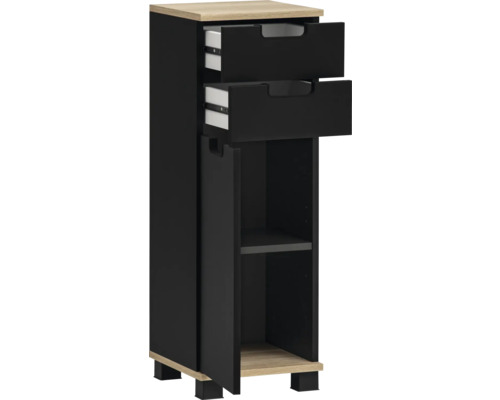 Úzký koupelnový nábytek se dvěma zásuvkami a otevřenou přihrádkou