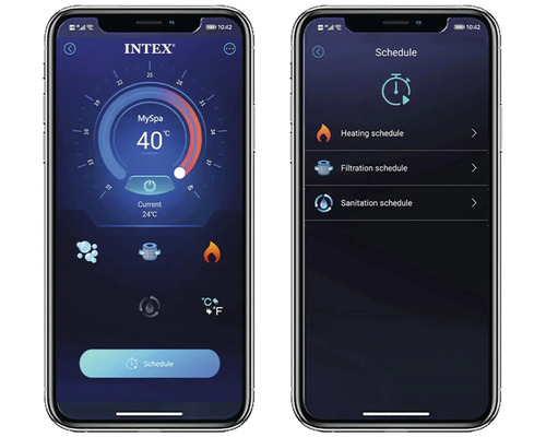 Dva displeje chytrých telefonů zobrazují aplikaci Intex Spa pro regulaci teploty, plánování filtrace a ohřevu.