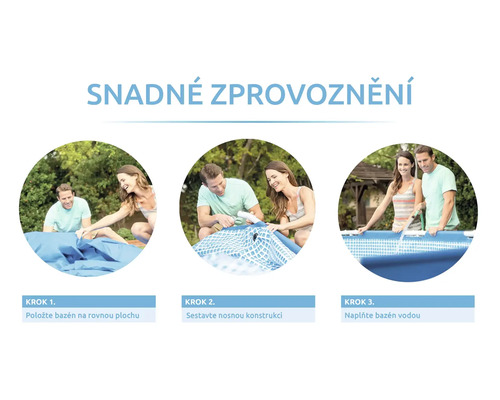 Ilustrace snadné instalace bazénu ve třech krocích