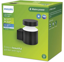 Logo společnosti Philips. Balení venkovního LED nástěnného svítidla Laven v černé barvě. Vlastnosti: Odolné vůči všem povětrnostním vlivům, Vysoce kvalitní materiál a Výkonné světlo.