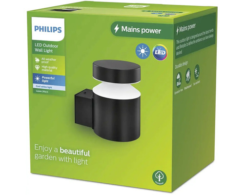 Logo společnosti Philips. Balení venkovního LED nástěnného svítidla Laven v černé barvě. Vlastnosti: Odolné vůči všem povětrnostním vlivům, Vysoce kvalitní materiál a Výkonné světlo.