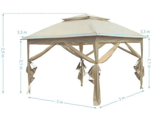 Zahradní altán o rozměrech 3 x 3 metry a výšce 2,9 metru