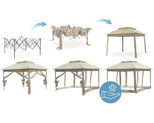 Série obrázků ukazuje sestavení zahradního pavilonu se skládacím mechanismem