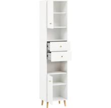 Bílá koupelnová skříňka s policemi a zásuvkami