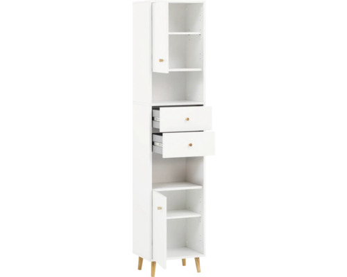 Bílá koupelnová skříňka s policemi a zásuvkami