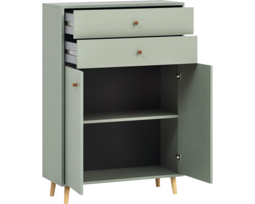 Komoda se dvěma zásuvkami a dvěma otevřenými dvířky