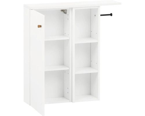 Bílá koupelnová skříňka s policemi a otevřenými dvířky