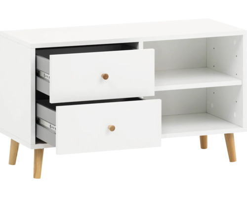 Bílá nízká skříňka se dvěma zásuvkami a dvěma otevřenými policemi