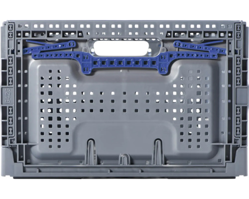 Šedá skládací plastová krabice s modrými detaily pro přepravu a skladování