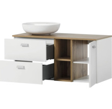 Skříňka pod umyvadlo se dvěma zásuvkami, otevřenou policí a jedněmi dvířky