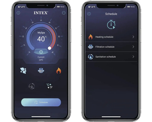 Snímky obrazovky aplikace Intex pro ovládání ohřevu, filtrace a čištění vířivky